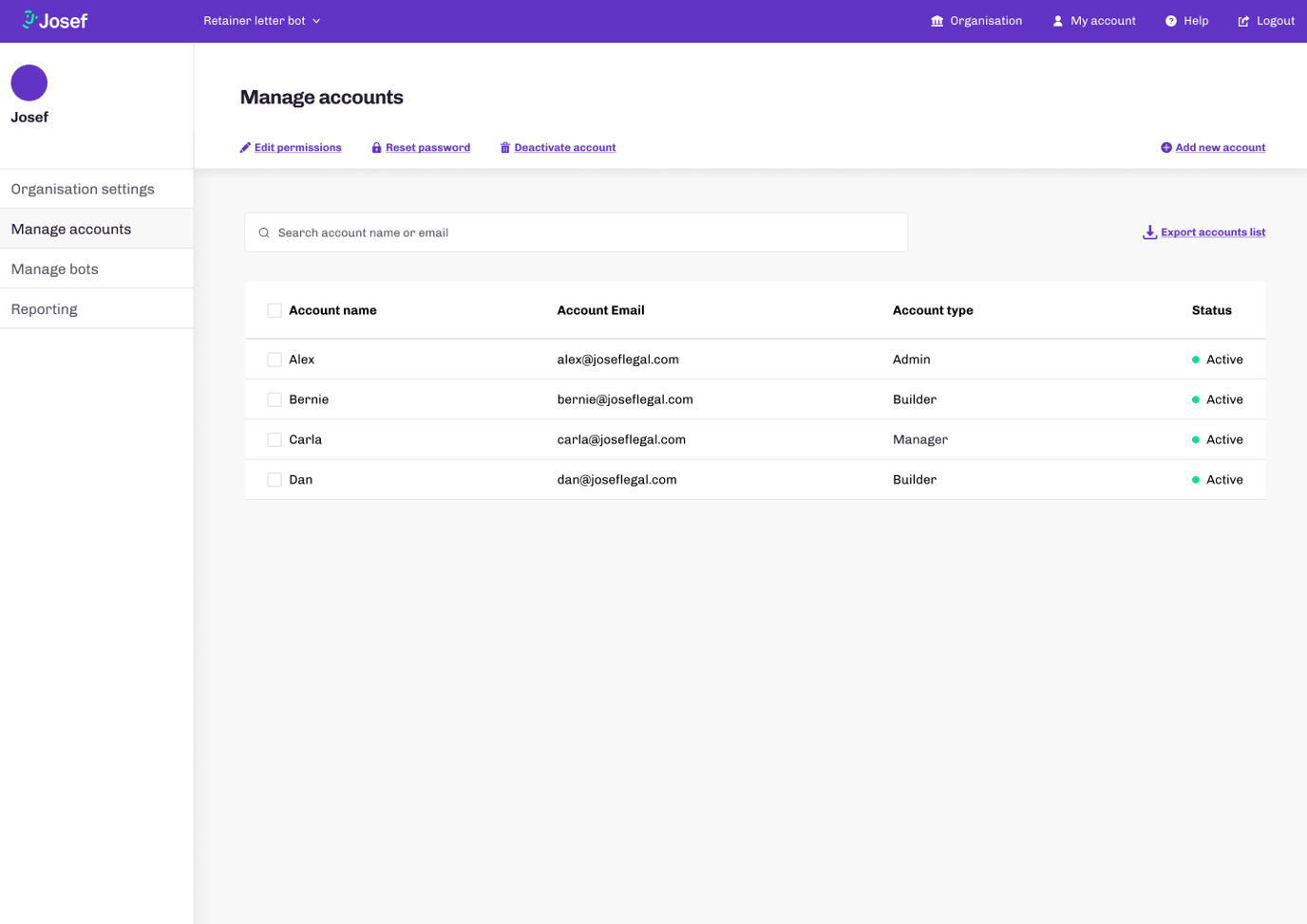 Managing accounts (Josef no-code)