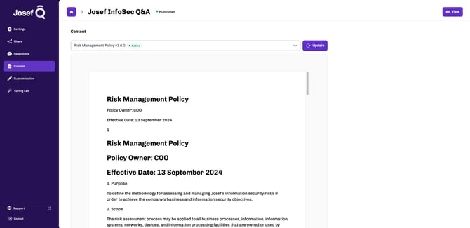 Josef Content Page Screenshot